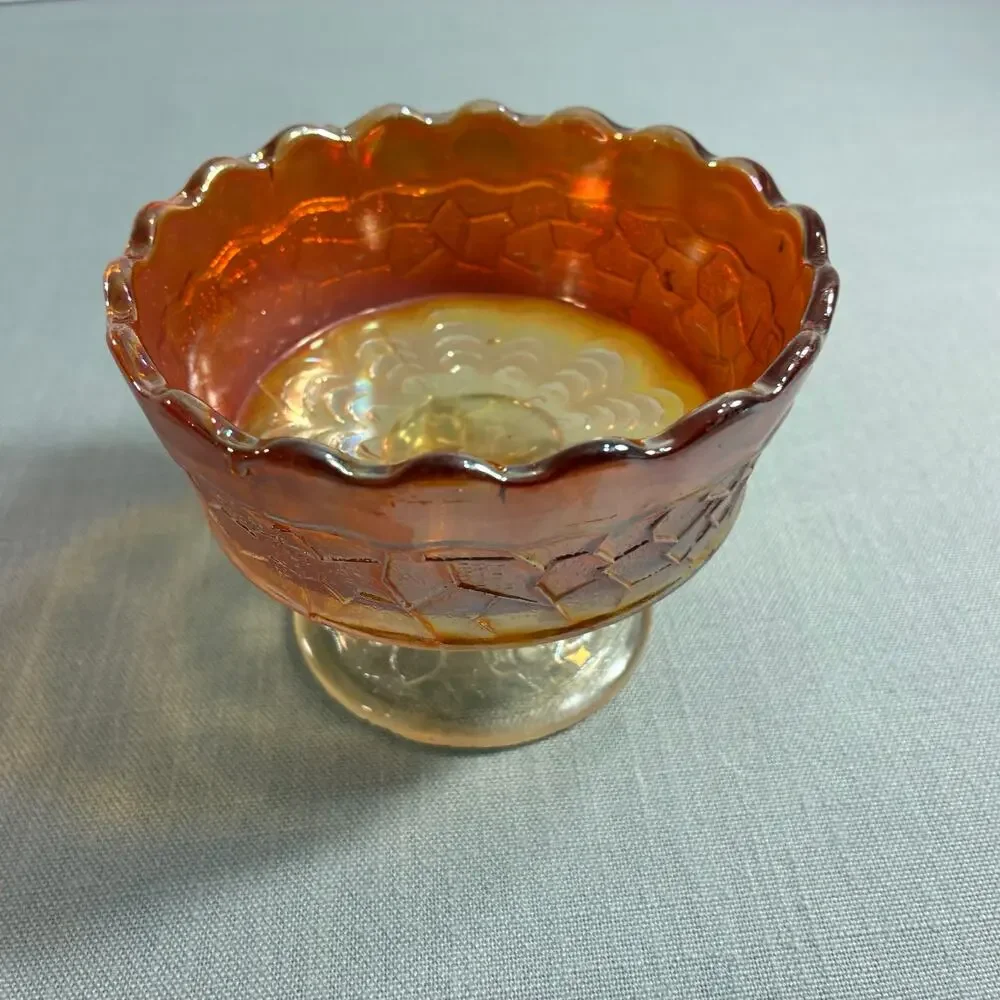 Vintage Marigold Carnival Glass Pedestal Candy Dish Scalloped Bowl 4 Inch